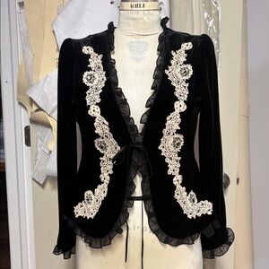Black Velvet Lace-Trim Blazer Jacket